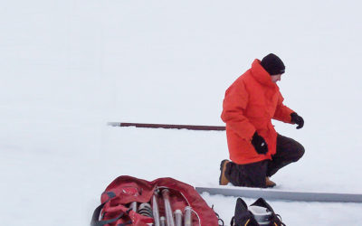 A group of people sitting in the snow.