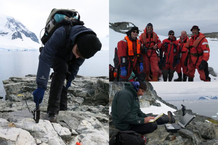 Martin Black collecting a spectrum from a rock surface on Léonie Island (Left); (Top right) The field team on arrival at Anchorage Island, Ryder Bay, Antarctica; (Bottom right) Teal Riley making notes during the spectral survey of Léonie Island.