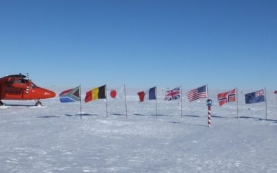 A propellor areoplane next to the flags of the Antarctic Treaty nations, behind the south pole marker