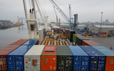 A large ship in the background.