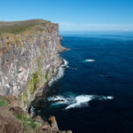 A rocky island in the middle of a body of water with bempton cliffs in the background.