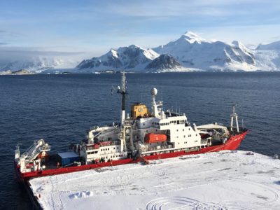 The RRS James Clark Ross moored up at the new Rothera Wharf